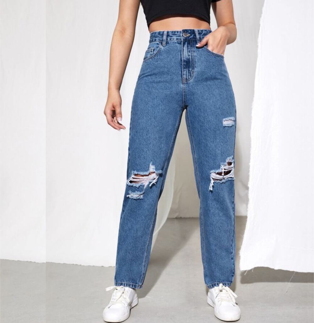 SHEIN High Rise Straight Leg Mom Jeans Ripped Size 28